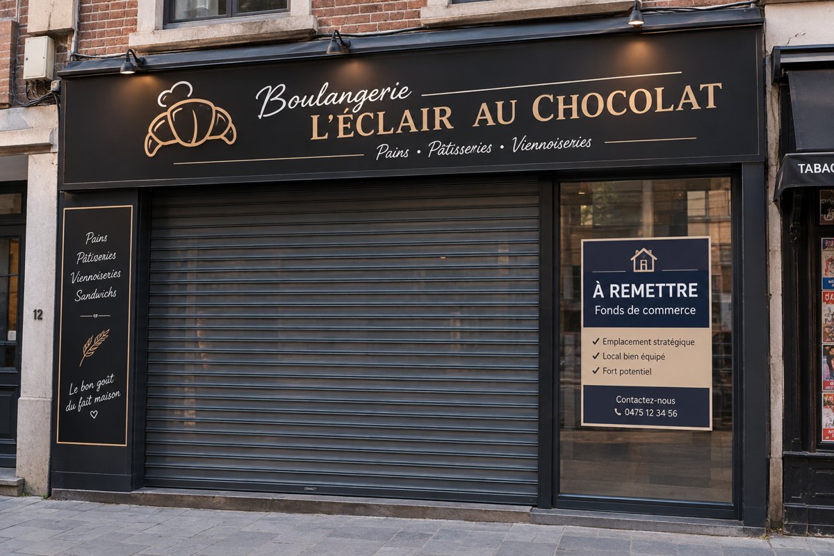 Façade d’une boulangerie avec une affiche « À remettre – Fonds de commerce »