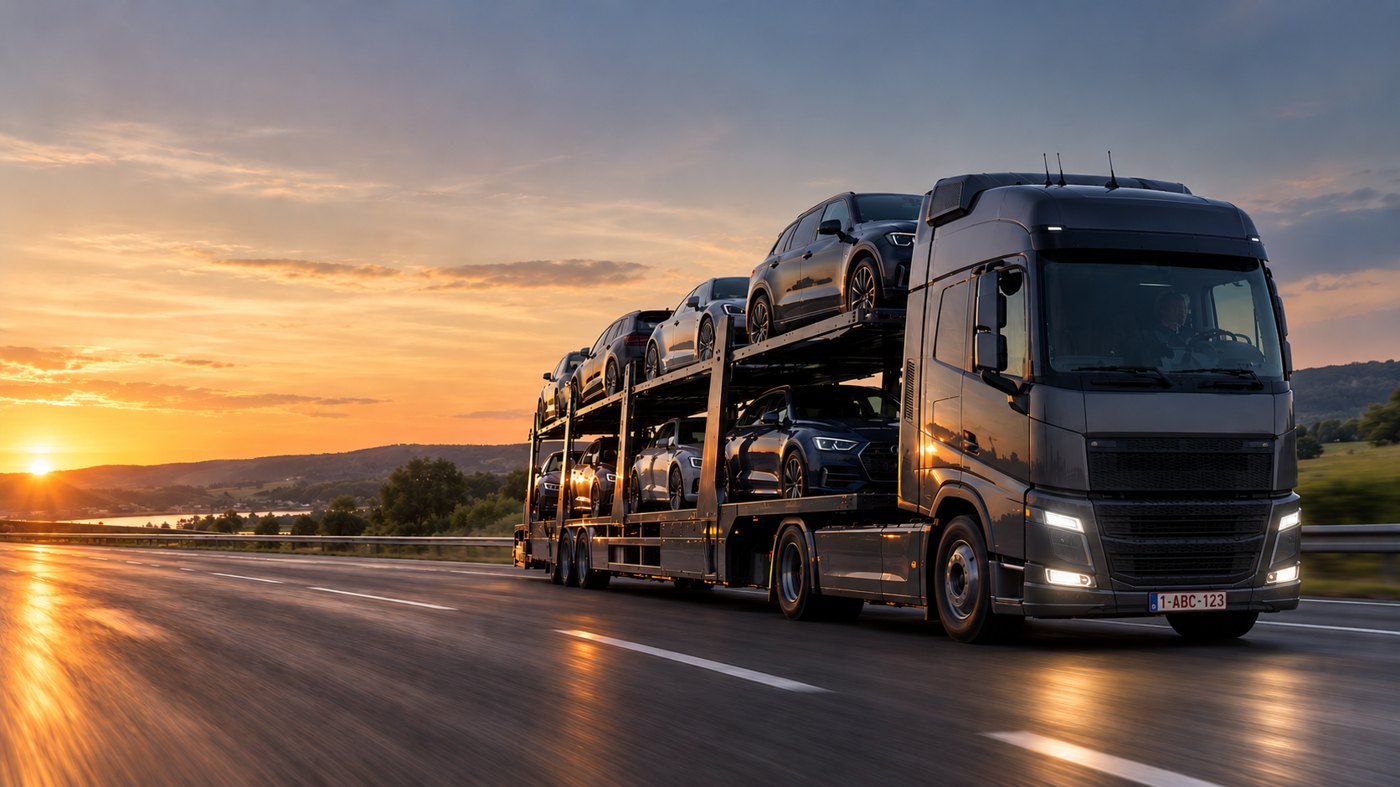Camion porte-voitures sur l’autoroute au coucher du soleil