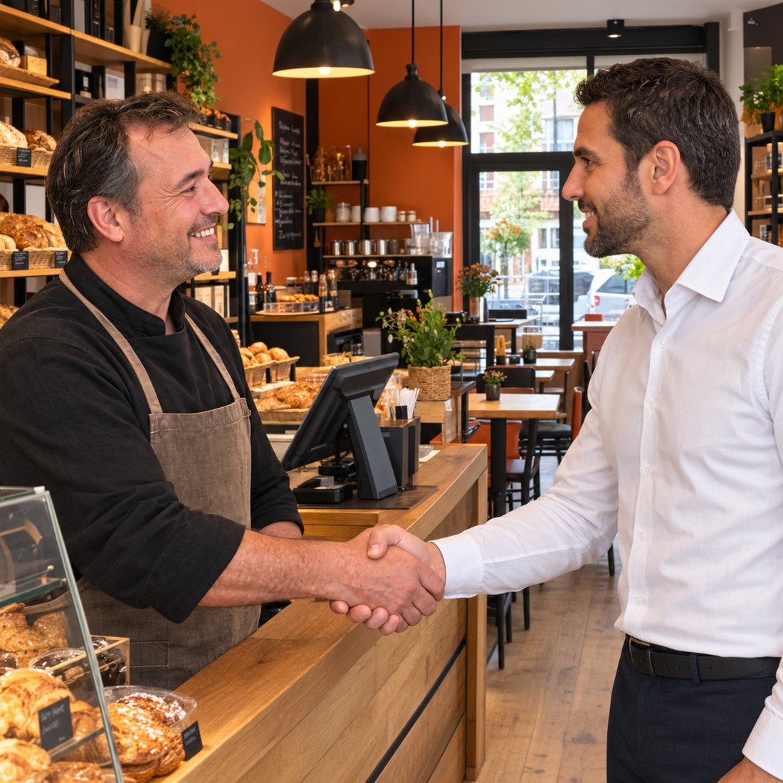 Poignée de main entre un commerçant et Jonathan Giambra dans une boulangerie-café